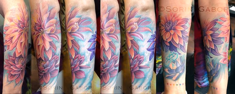 Realistic color dahlia tattoo