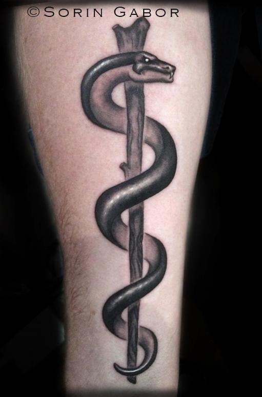 Illustrative black and gray caduceus snake and staff tatto
