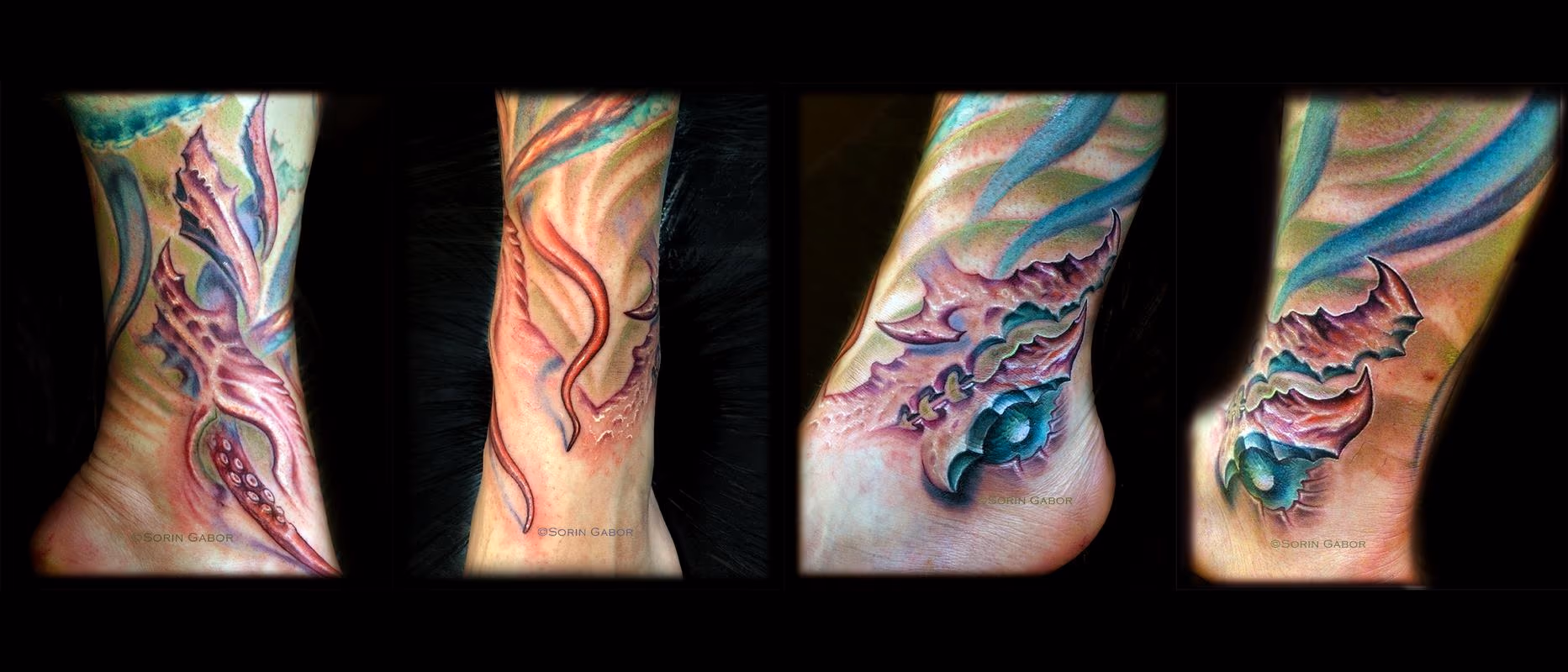 realistic bio organic underwater sealife leg sleeve tattoo