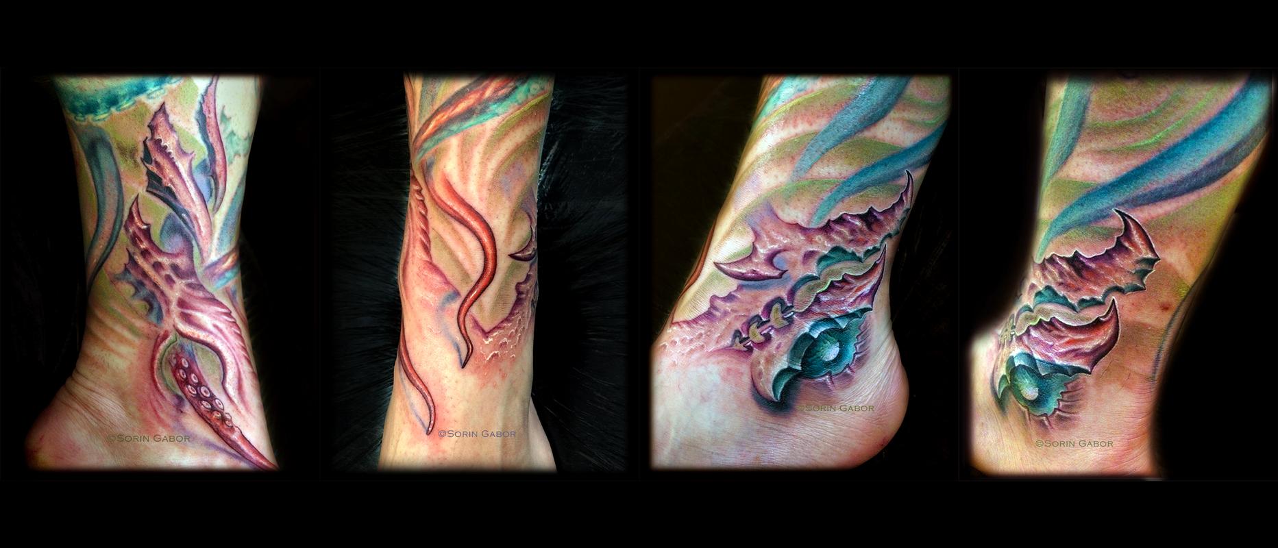 realistic bio organic underwater sealife leg sleeve tattoo