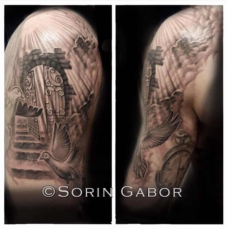Realistic black and gray doves, gate, rays, and clouds tattoo