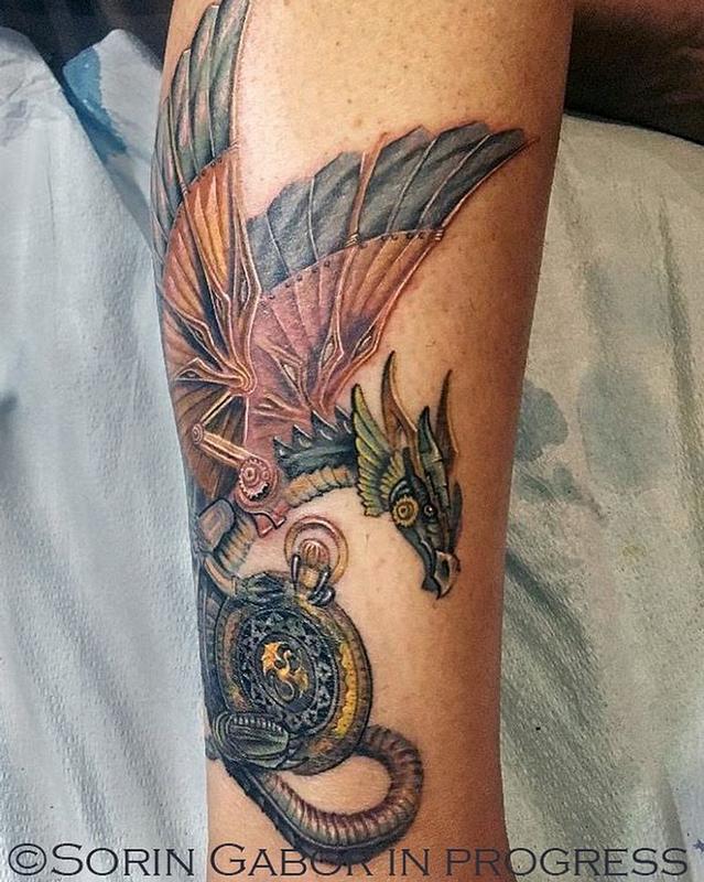 color realistic stampunk dragon coverup tattoo on calf