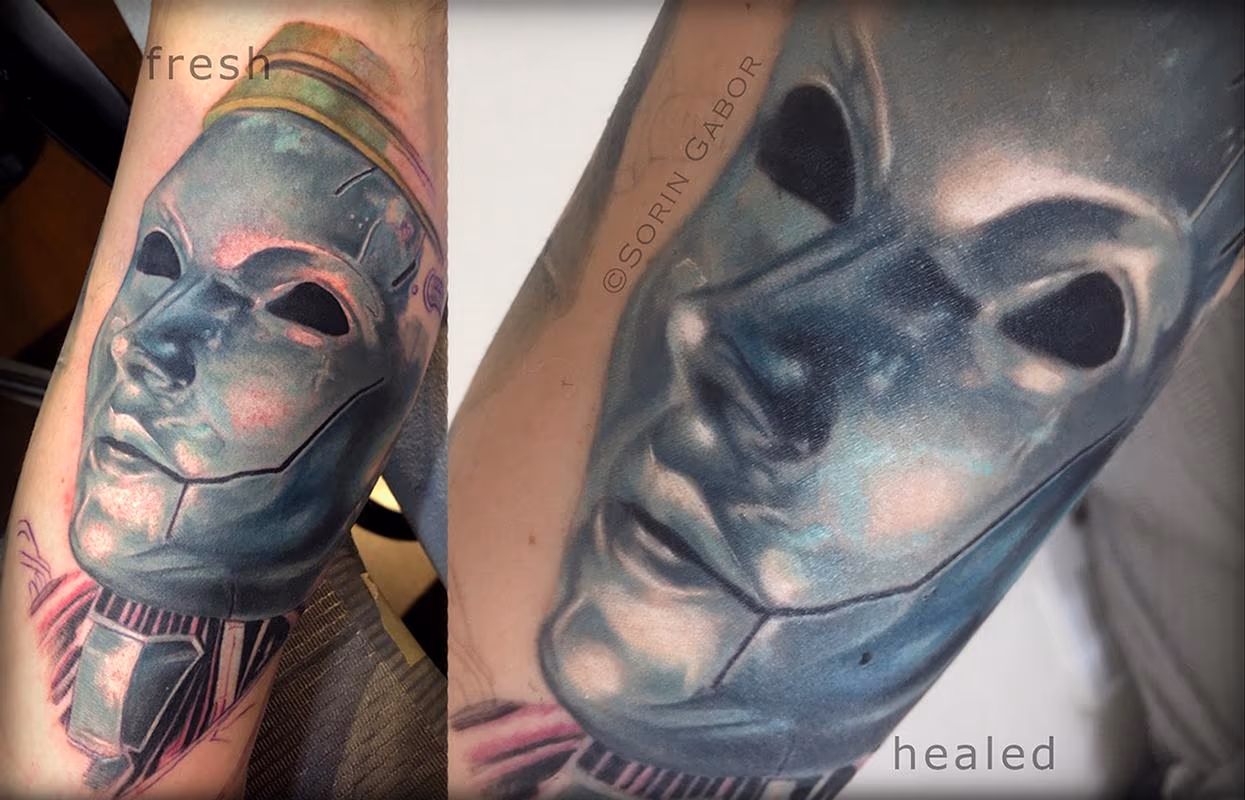 Realistic color final fantasy 7 shiny metal face tattoo