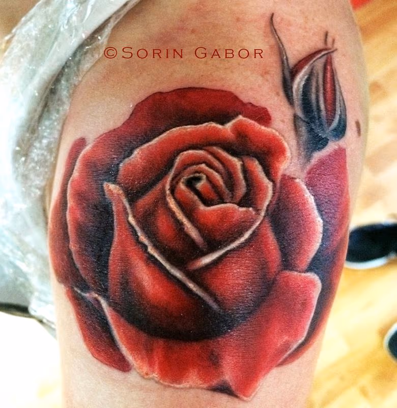 realistic red rose tatoo on shoulder