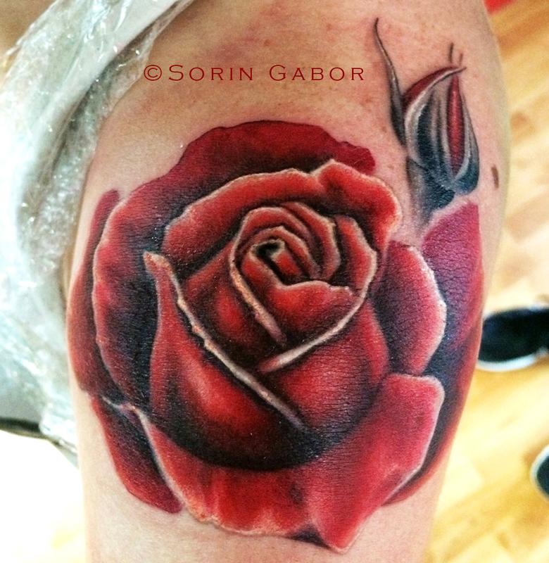 realistic red rose tatoo on shoulder