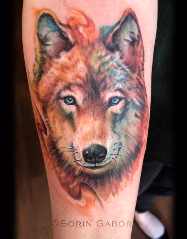 Realistic color watercolor wolf tattoo