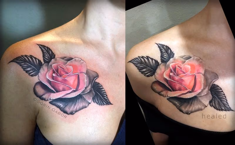 Black and gray to color rose tattoo
