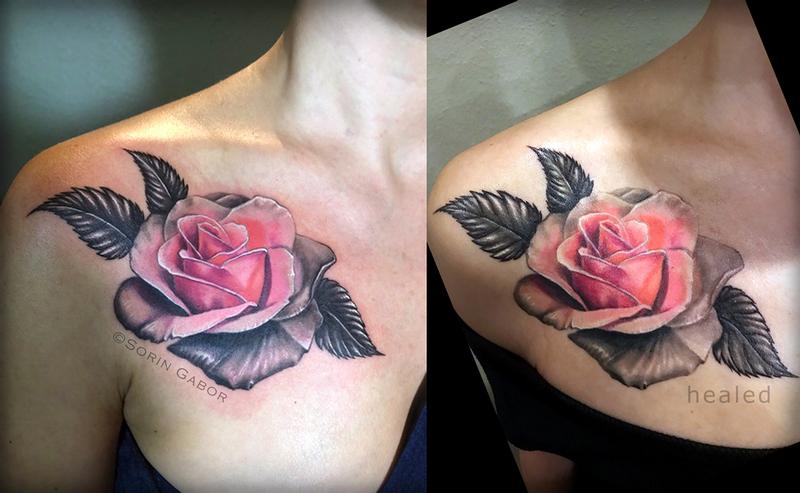 Black and gray to color rose tattoo