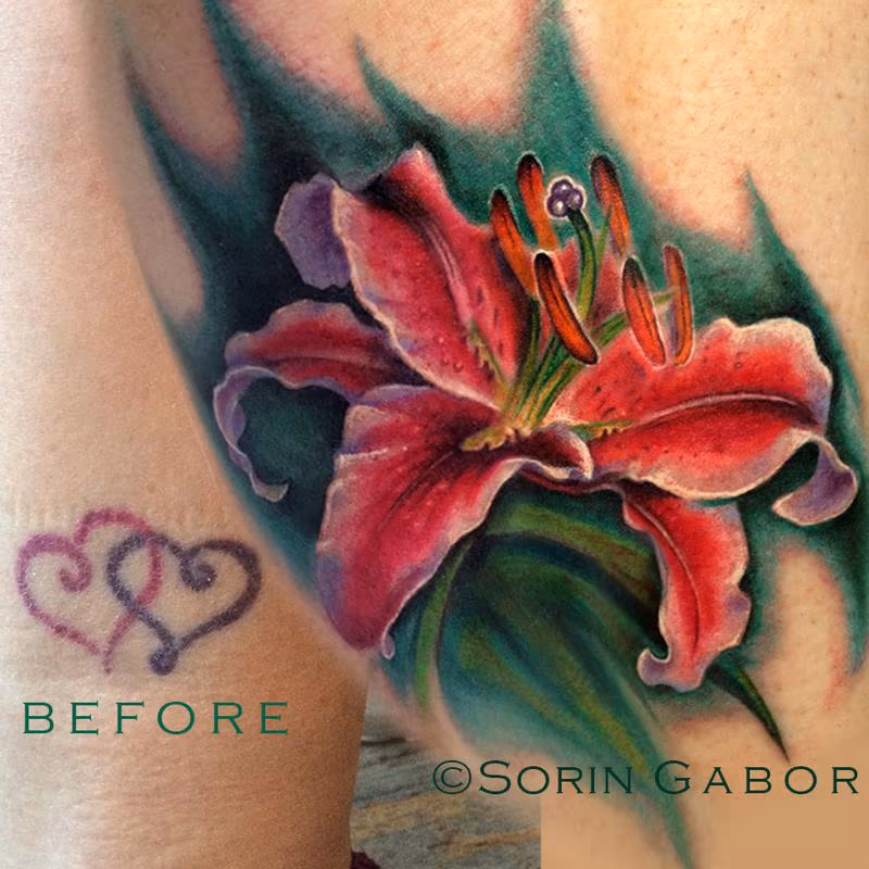 Realistic stargazer lily coverup tattoo