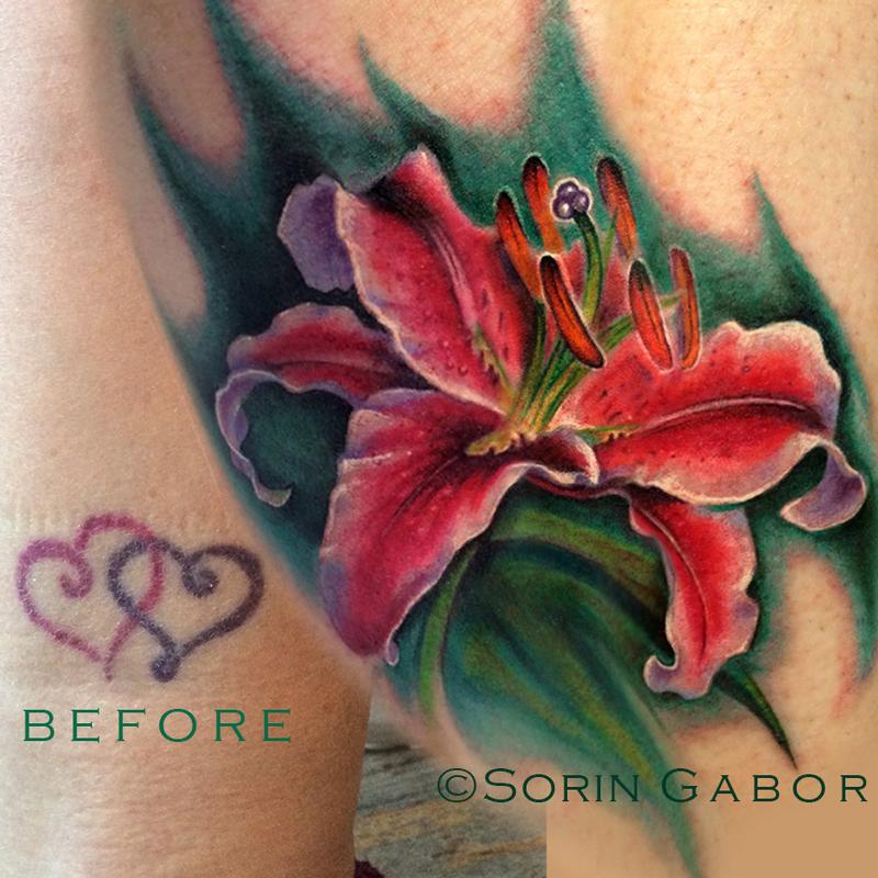 Realistic stargazer lily coverup tattoo