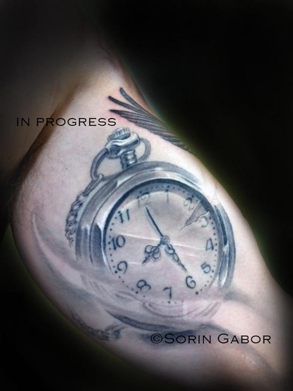 Realistic black and gray pocket watch tattoo