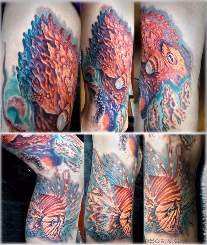 realistic color octopus lionfish underwater bio tattoo