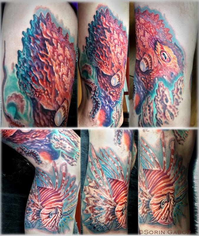 realistic color octopus lionfish underwater bio tattoo