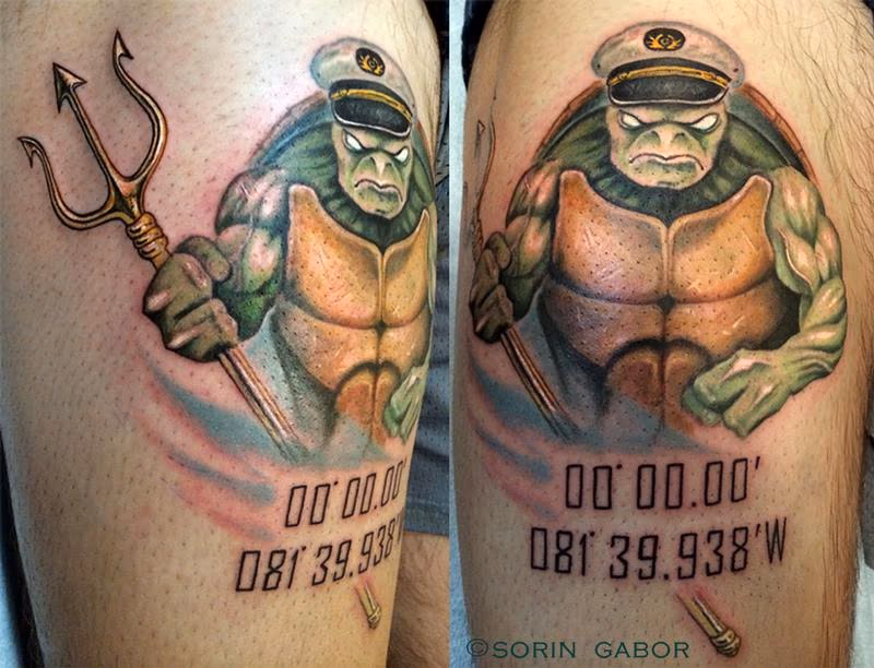Jacked reaslisic color turtle with trident