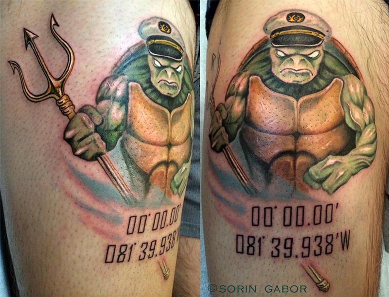 Jacked reaslisic color turtle with trident