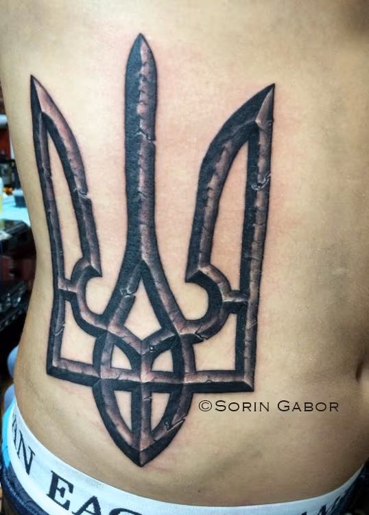 Realistic stone Ukrainian coat of arms on ribs black and gray