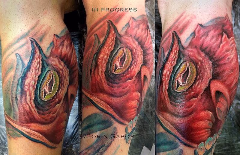 In progress color realistic octopus and sealife half leg sleeve tattoo
