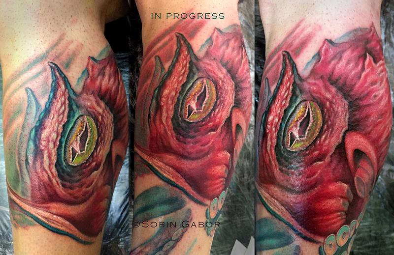 In progress color realistic octopus and sealife half leg sleeve tattoo