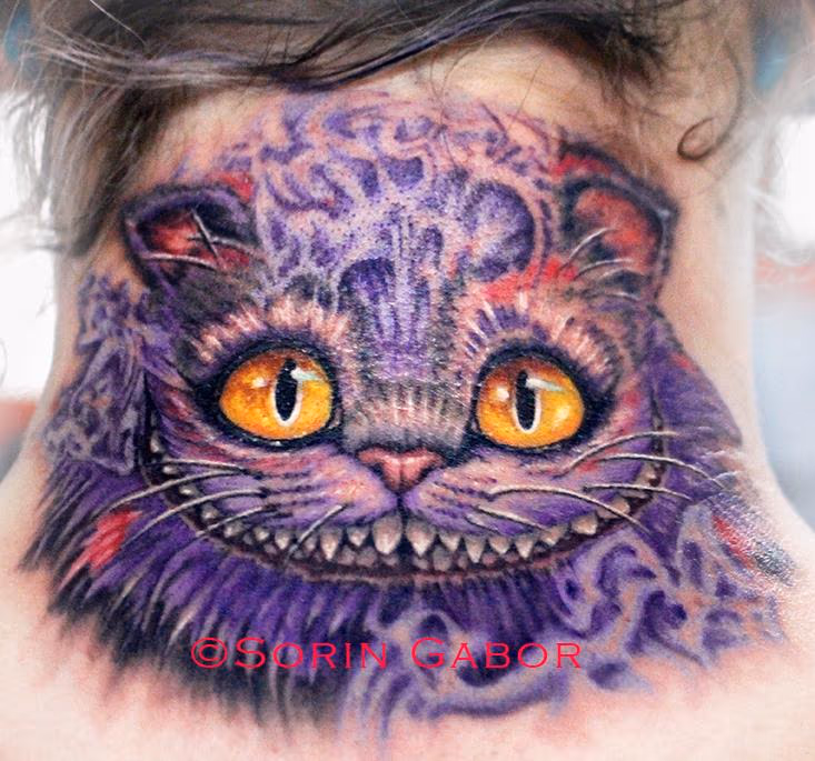 realistic color cheshire cat tattoo on neck
