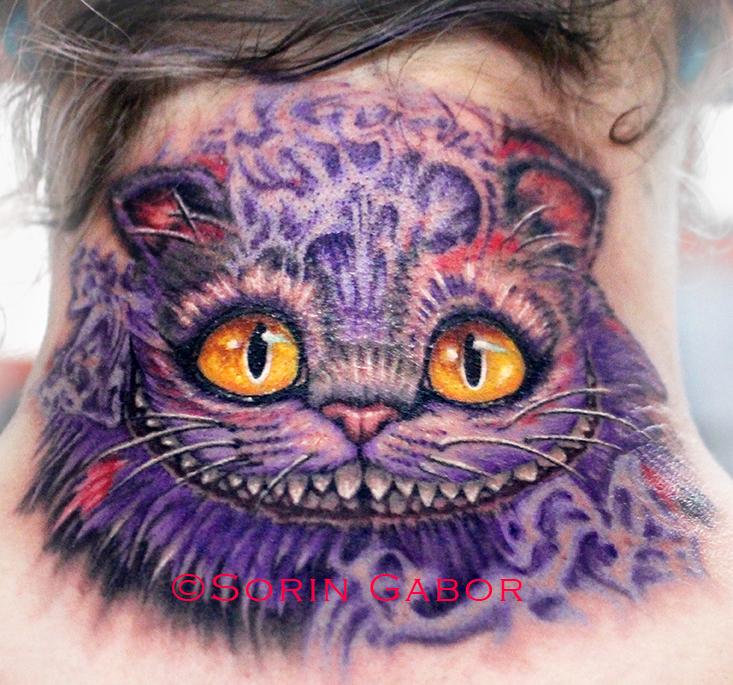realistic color cheshire cat tattoo on neck