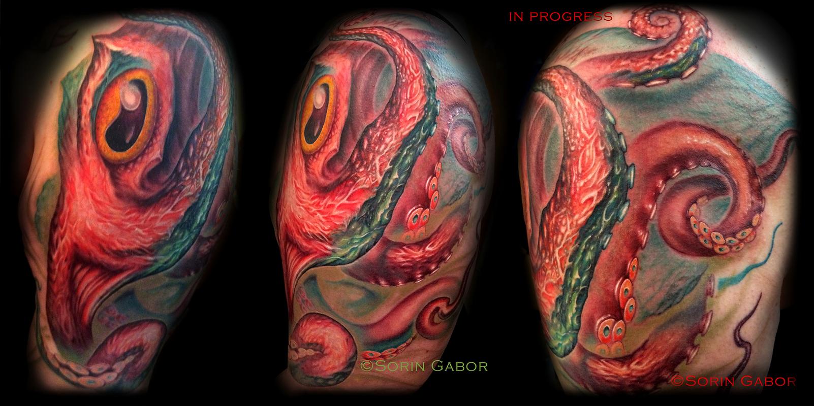 Realistic frehand color octopus coverup tattoo