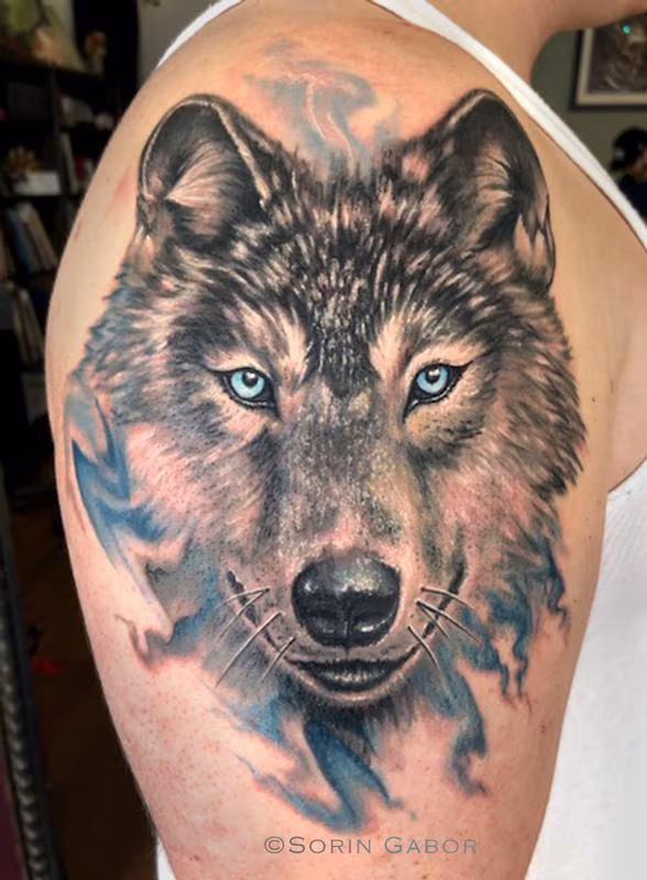 Realistic color watercolor wolf tattoo