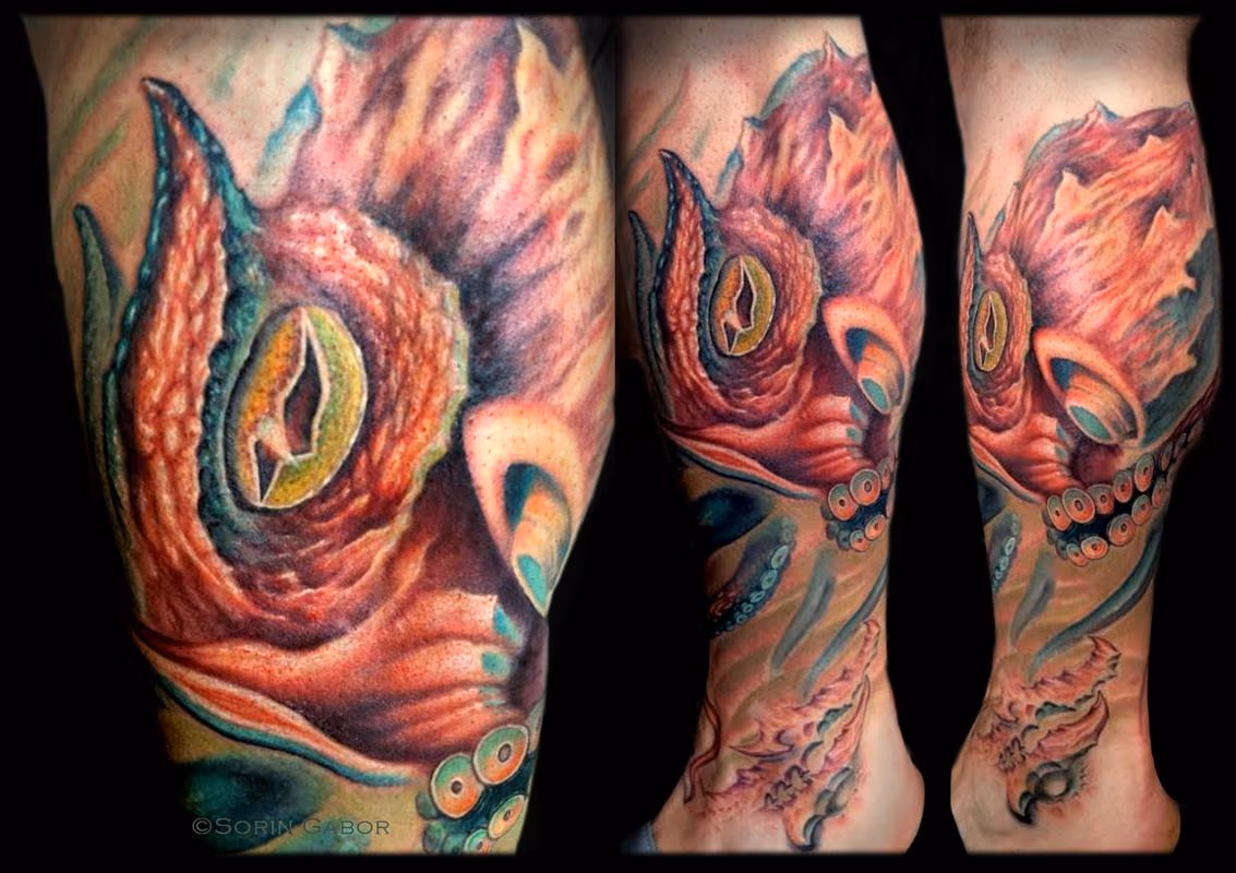 realistic color octopus puffer fish and bio sealife leg sleeve tattoo