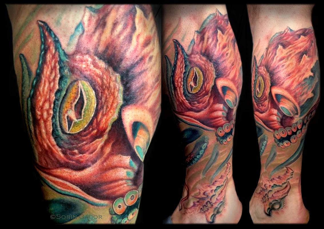 realistic color octopus puffer fish and bio sealife leg sleeve tattoo