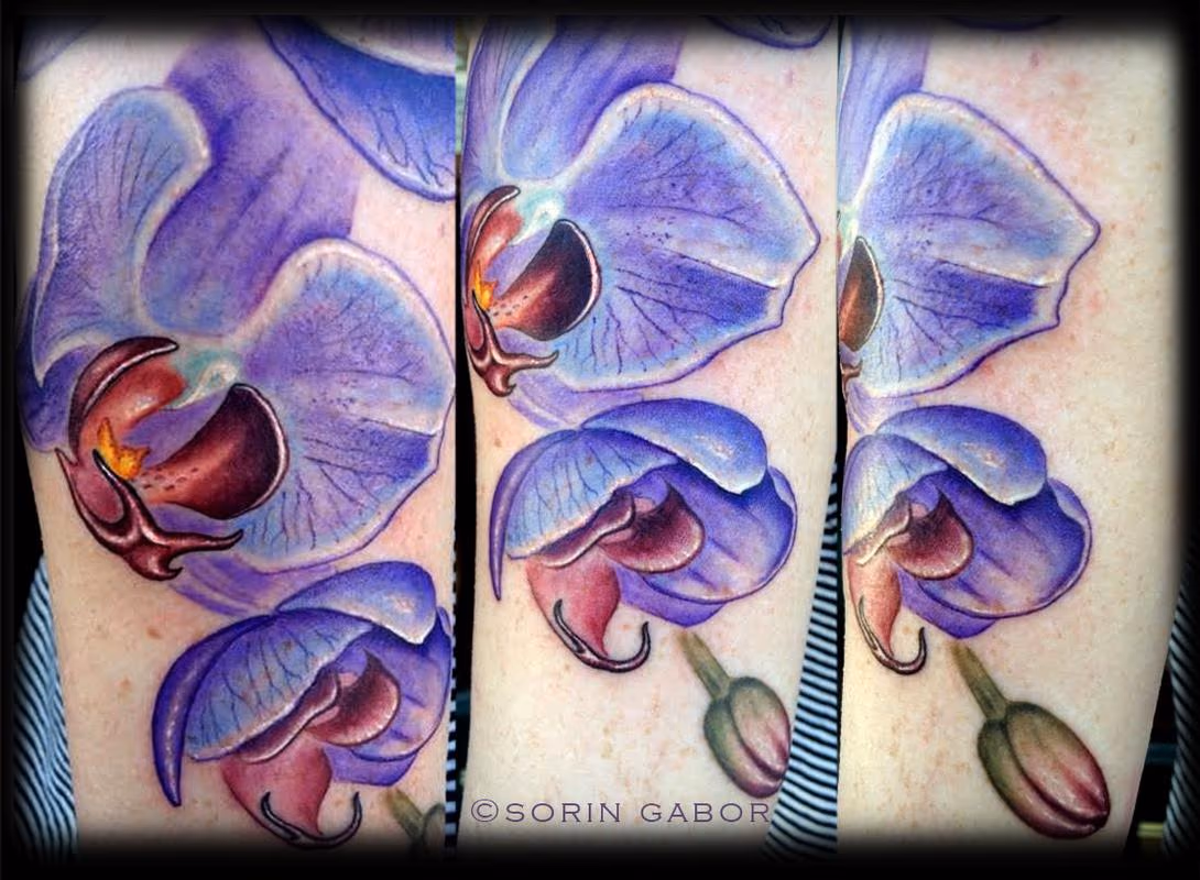 Realistic color purple orchid and orchid mantis tattoo in progress