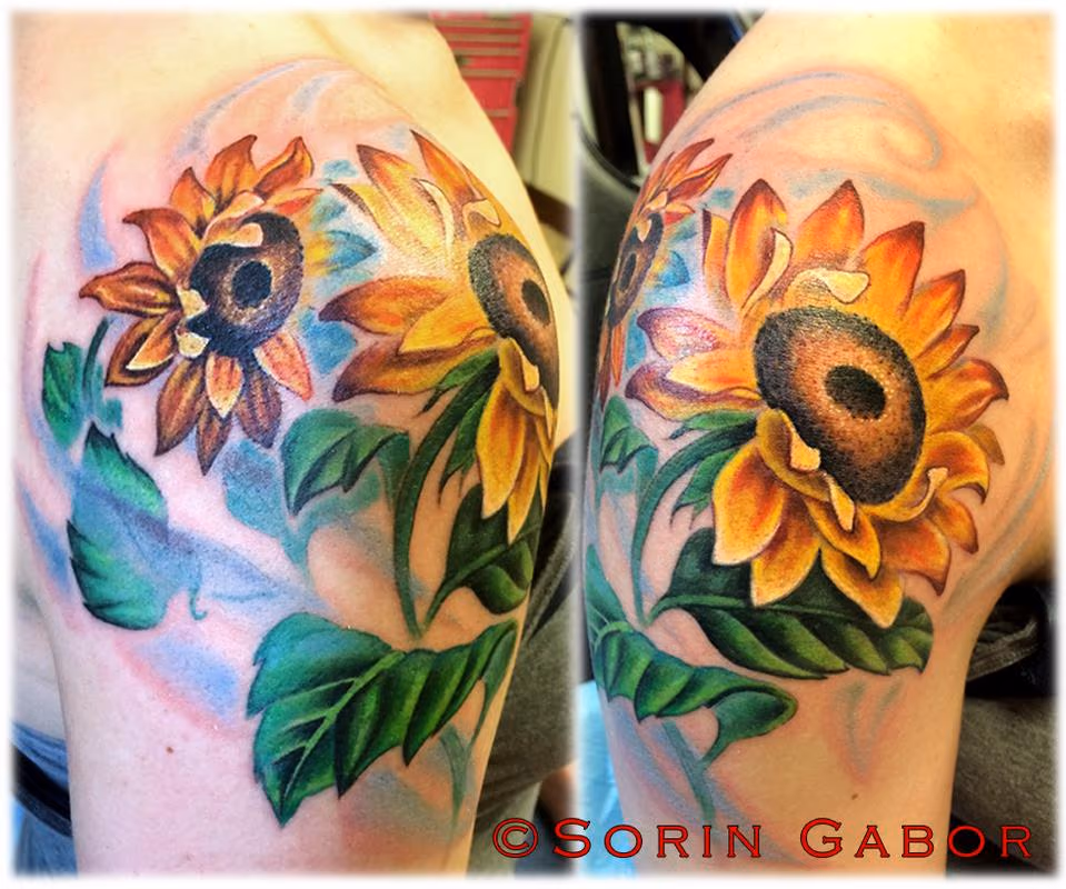 Realistic color sunflower shoulder tattoo