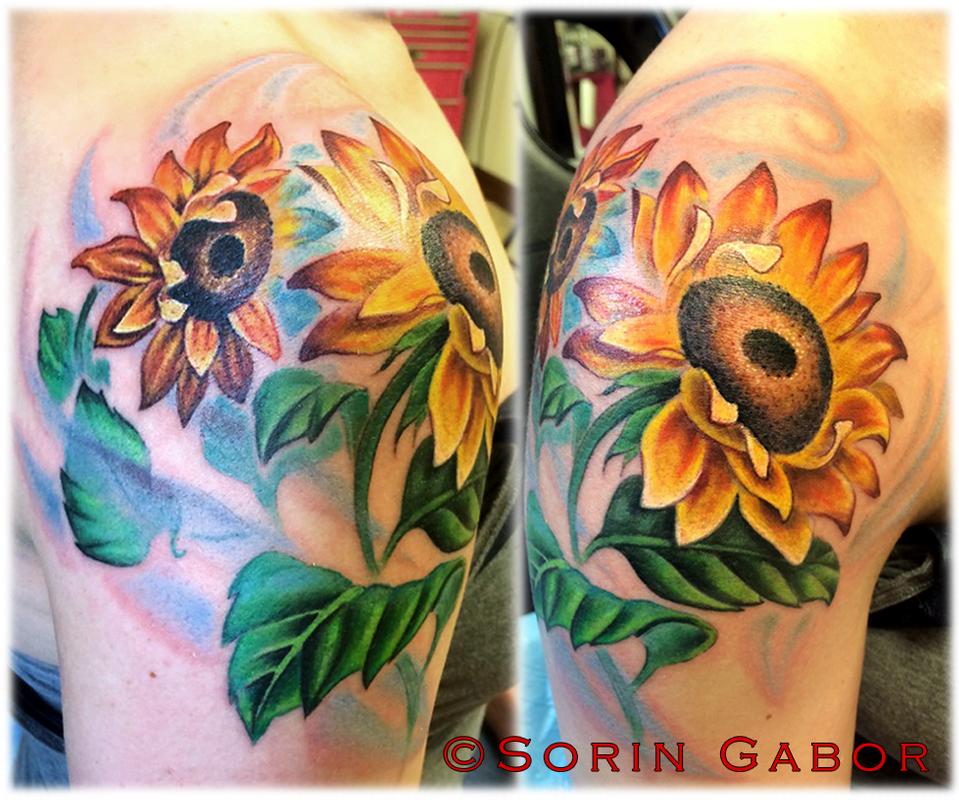 Realistic color sunflower shoulder tattoo
