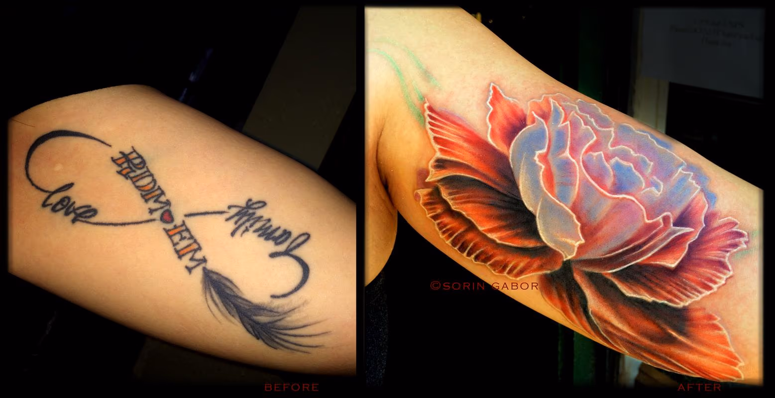Realistic color carnation infinity symbol coverup tattoo