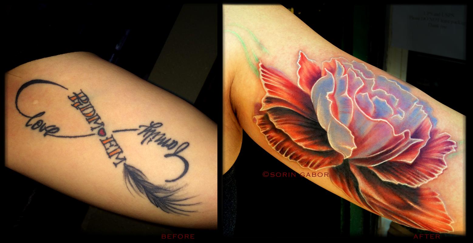 Realistic color carnation infinity symbol coverup tattoo