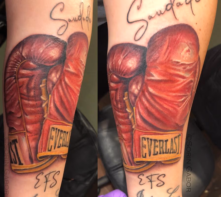Realistic color vintage boxing gloves tattoo memorial