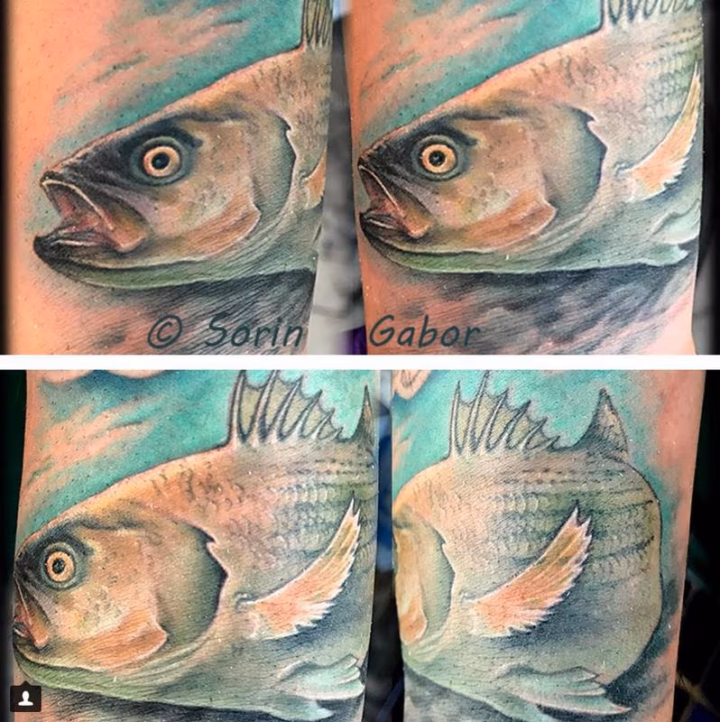 realistic color bass tattoo on wrist