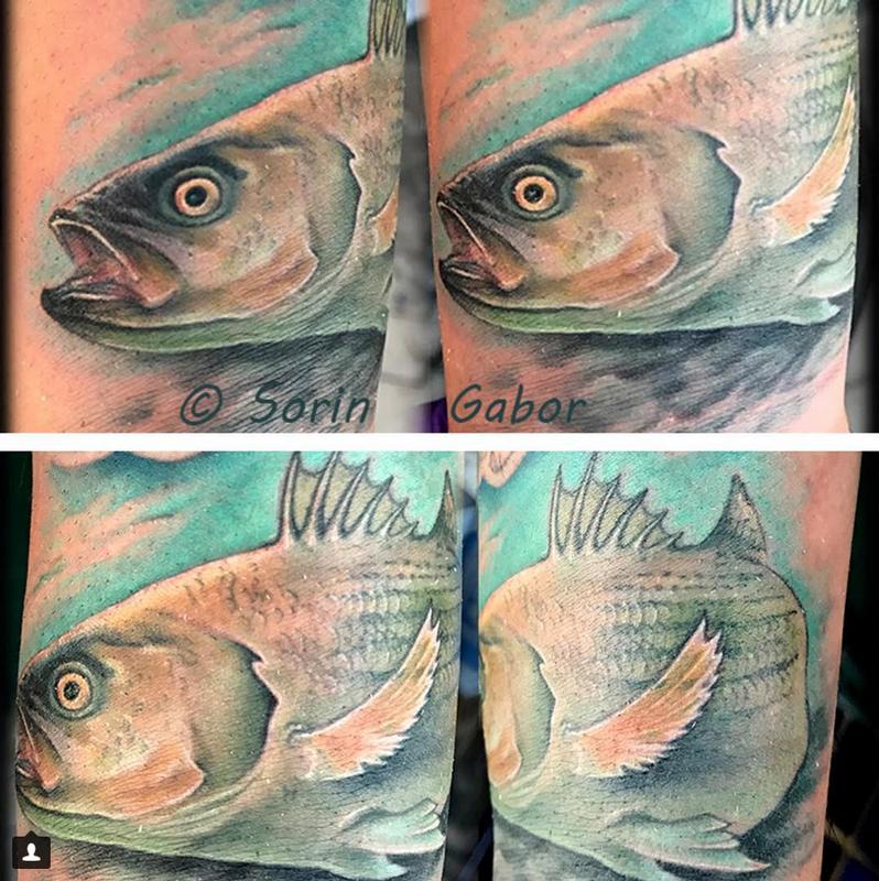 realistic color bass tattoo on wrist
