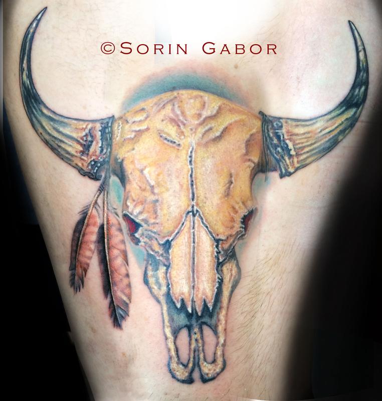 Realistic color bull skull tattoo on forearm