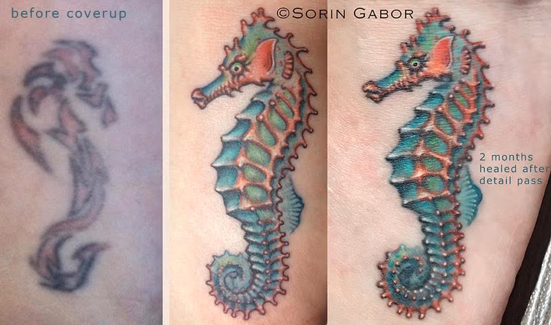 realistic color seahorse coverup tatto