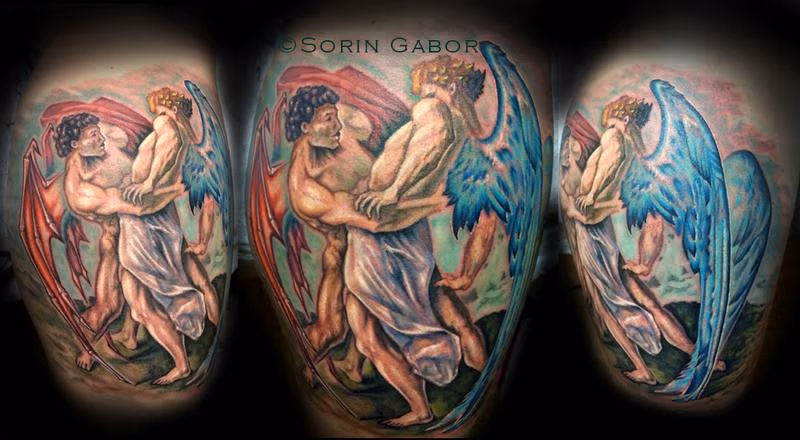 Color realistic angel/demon calf tattoo