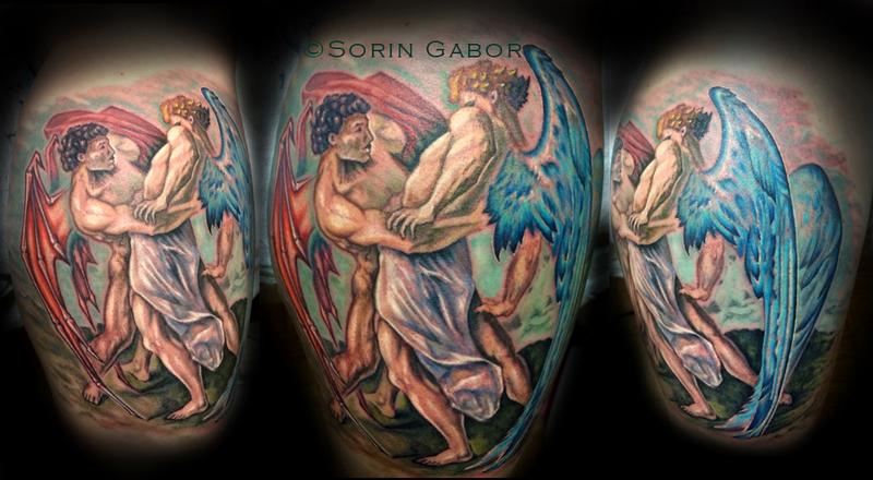 Color realistic angel/demon calf tattoo