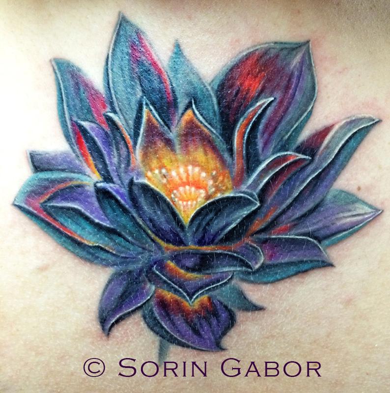 realistic color lotus coverup over old scarred tattoo