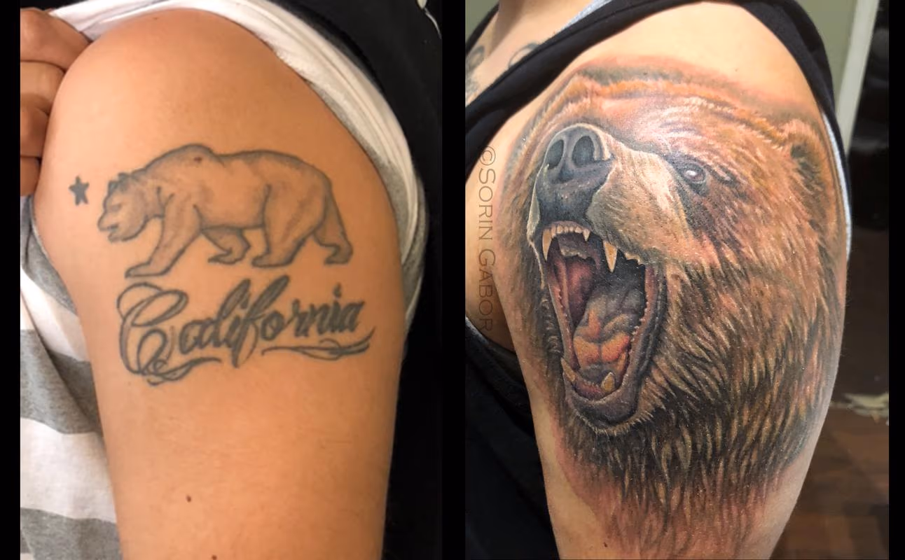 Realistic color California bear coverup tattoo