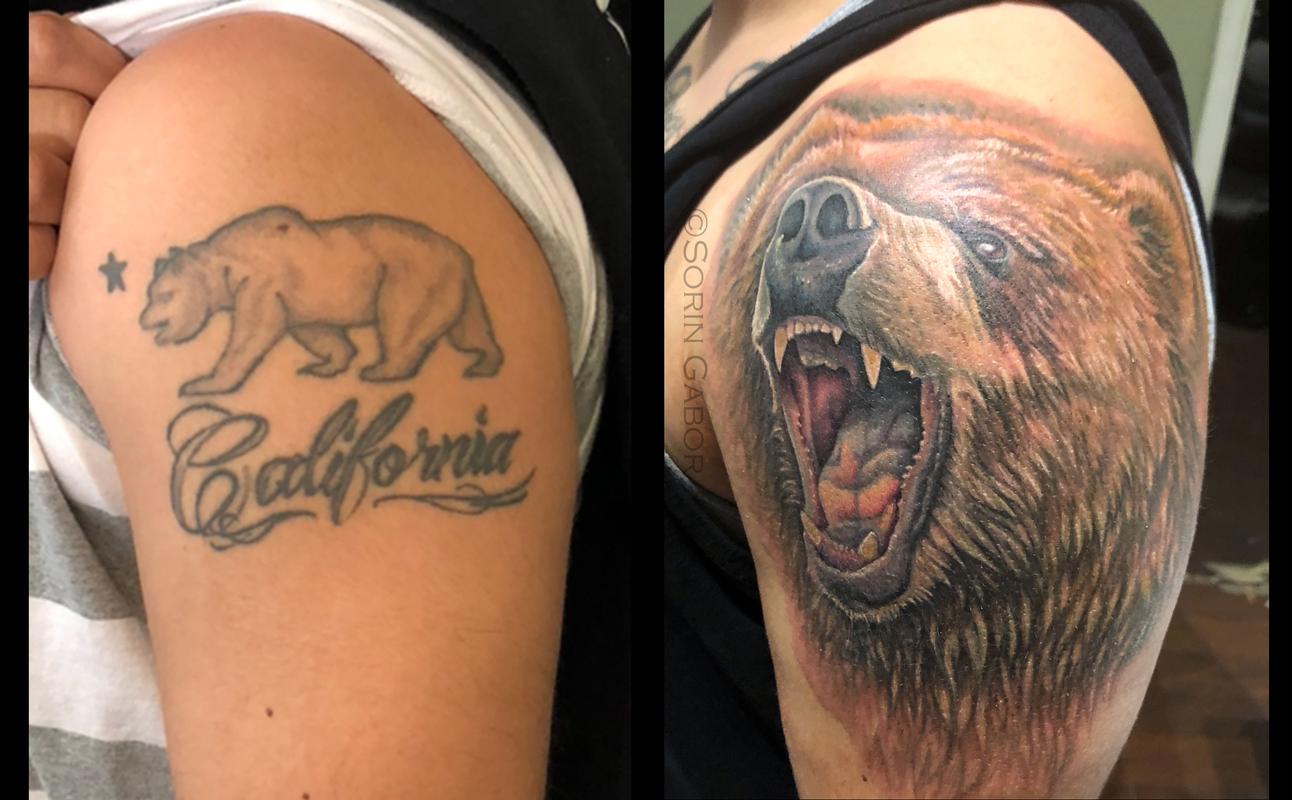 Realistic color California bear coverup tattoo