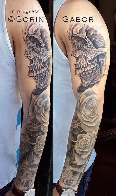 realistic and graphic black and gray sleeve tattoo in progress
