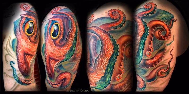 realistic color octopus half sleeve coverup tattoo