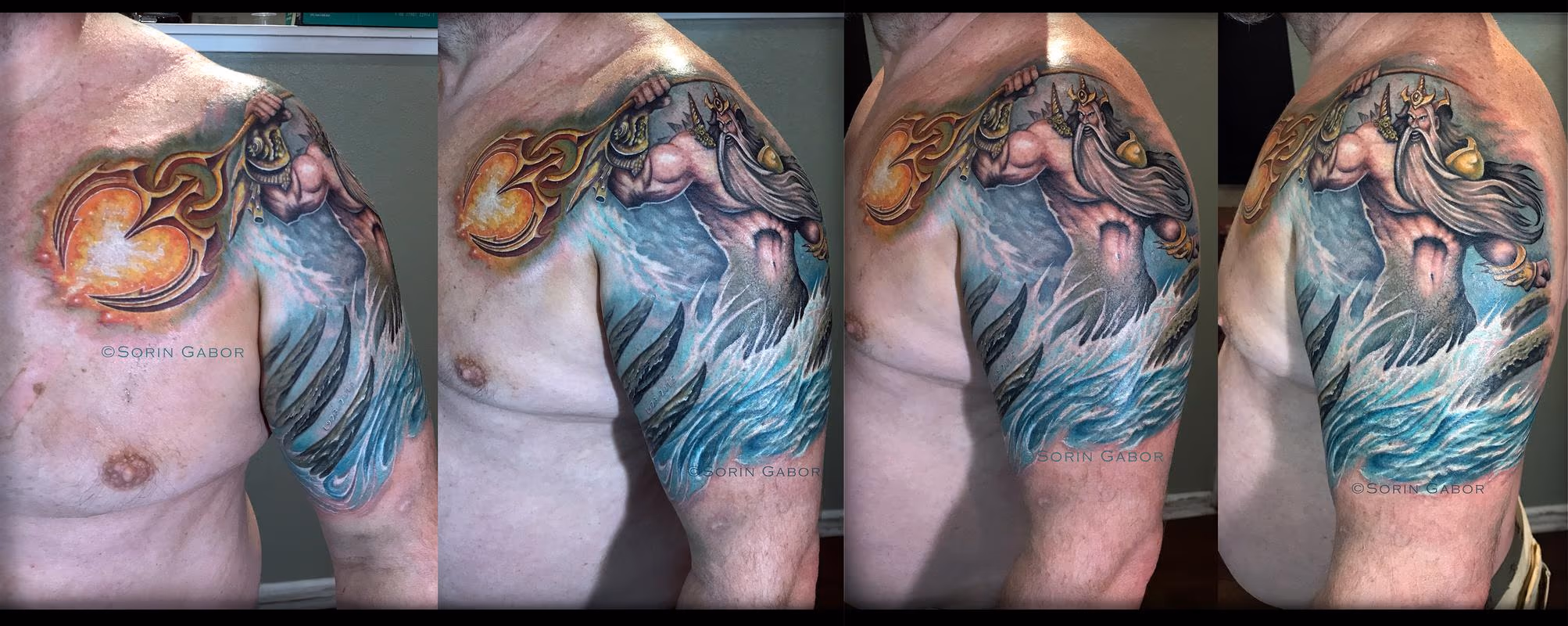 Poseidon realistic color tattoo and tribal coverup