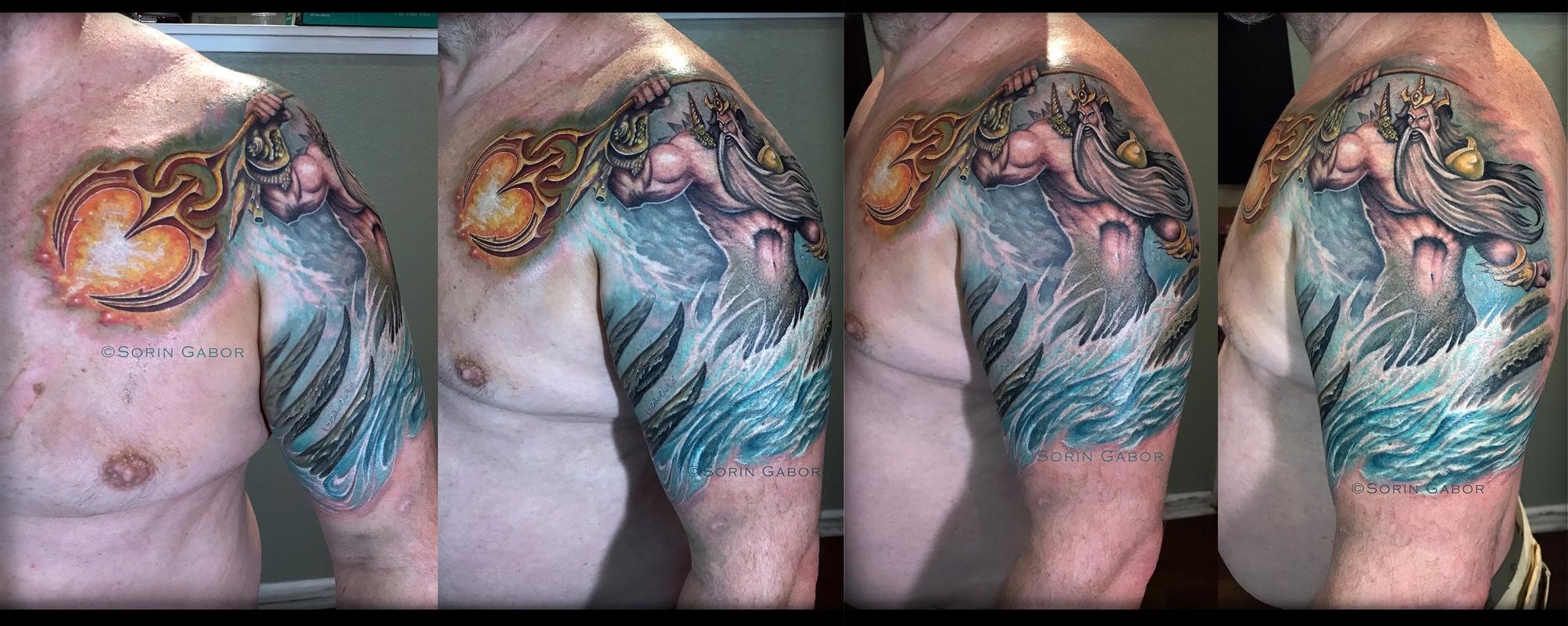 Poseidon realistic color tattoo and tribal coverup