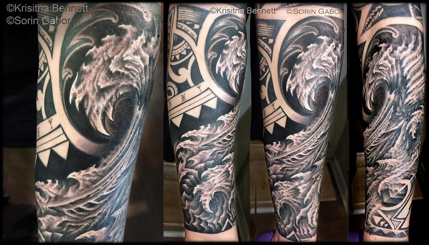 realistic black and gray bio wave and polynesian tribal collab