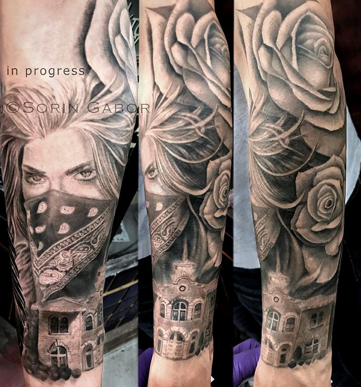 realistic black and gray girl face w/bandana, roses, and Sonoma City Hall building tatoo sleeve
