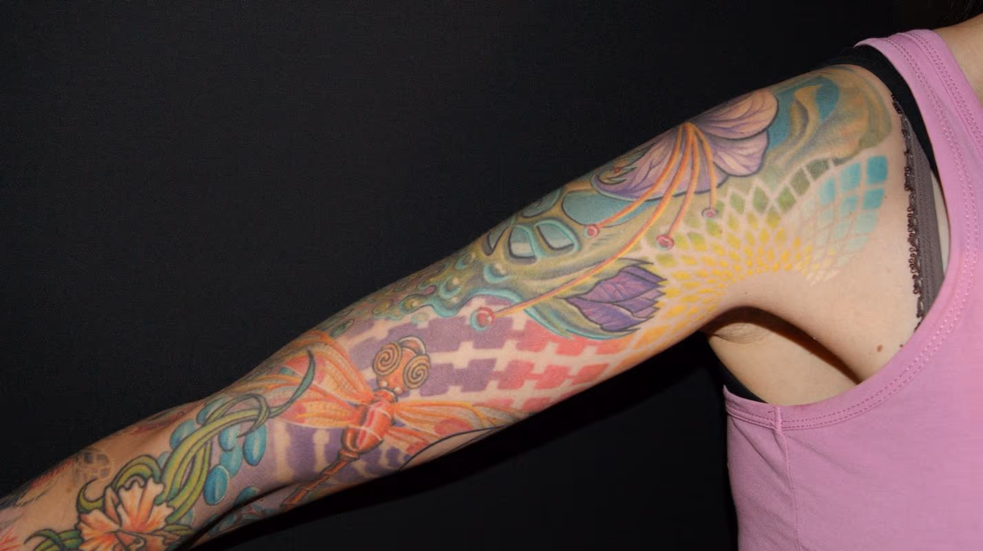Organic Half Sleeve Flowers Dragonfly Tattoo